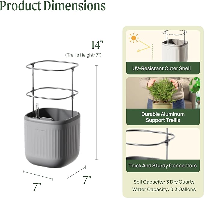 Vego garden Mini Planter Indoor Pots with Trellis Self-Watering Herb Countertop Planter for Climbing Vegetables Flowers Mint Plants Cage- Fog Gray