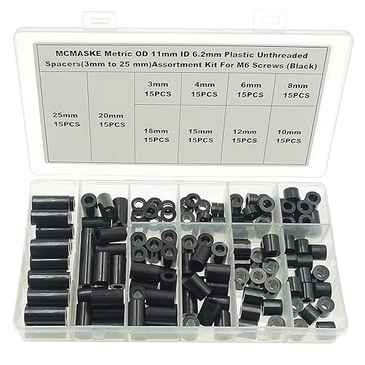 OD 11mm(0.433") ID 6.2mm(0.244") Plastic Unthreaded Spacers Assortment;Wall Plate spacers for M6 Screws;Clearance Spacers;Round Spacers;3mm to 25 mm Lengths(Black)