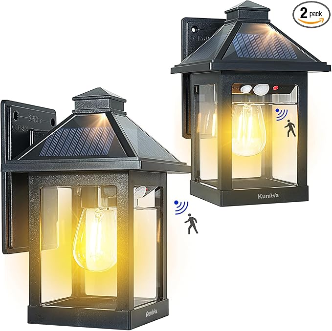 2 Pack Solar Wall Lantern Lights Outdoor Dusk to Dawn Motion Sensor Waterproof LED Wall Sconce Exterior Porch Light Fixtures Warm White, 3 Lighting Modes for Fence Patio Garage Garden Yard