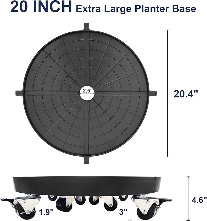 20 Inch Plant Caddy with Wheels Outdoor Indoor, Extra Large Rolling Plant Stand for 600lb Heavy Duty Flower Pots, Round Plant Rollers Lockable Potted Planter Dolly, Black