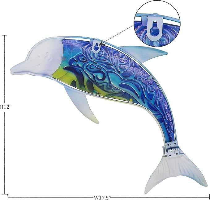 John's Studio Dolphin Wall Decor Outdoor Metal FIsh Sea Hanging Art Glass Sculptures Home Ocean Theme Decorations for Living Room, Bedroom, Yard, Fence and Patio - 17.5 Inches