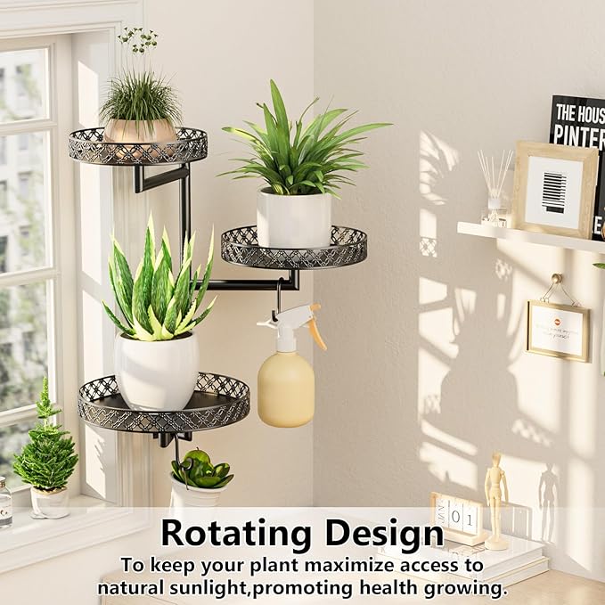 OVICAR Rotating Window Plant Shelves - Indoor Wall Plant Stand 3-Tier Floral Metal Window Shelf Holder for Multiple Plants with Hanging Hooks Home Decor Black