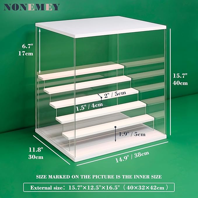 NONEMEY Clear Acrylic Display Case Stand with LED Light 2/3/4/5/6 Tier Storage Box Showcase Dustproof Organizer Box for Collectibles (White 6 Tiers 15.7 * 12.5 * 16.5inch)