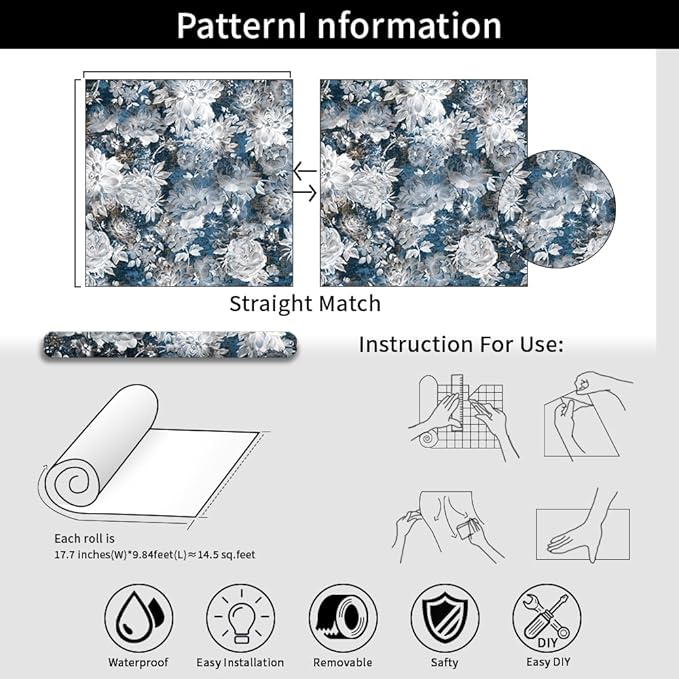 Vintage Garden Peel & Stick Floral Wallpaper - Removable White/Blue Vinyl Self Adhesive Mural - 17.7in x 19.68ft