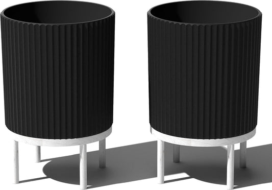 Veradek Demi Series Round Planter w/Stand for Porch/Patio | Durable Plastic-Stone Composite & Wooden Stand | Modern Décor for Tall Plants, Flowers