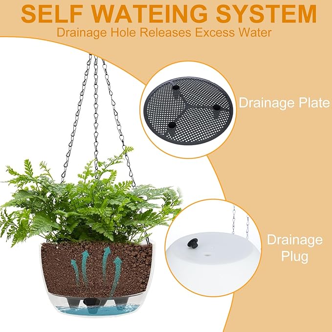 2 Packs Hanging Planters Basket for Outdoor Plants, Solar Powered Self Watering Blue Round Plastic Flower Pots with Drainer for Balcony Patio Garden Outdoor Decoration