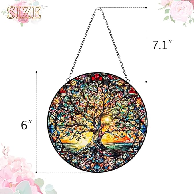 Tree of Life Sun Catcher Stained Glass Window Hanging - Handmade Suncatchers for Windows Hanging Stained Glass Suncatcher - Sun Catchers Indoor Window Wall Home Decor Glass Panel Gift for Women Men