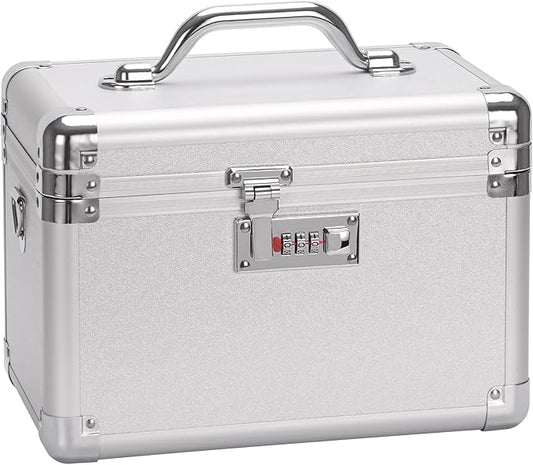 Combination Lock Box - 11.2x7.4x6.8 Inch Medium - Security Lock Boxes for Medicine, Locking Storage Box for Personal Items Passport and Document, Lockable Lockbox for Office Business, Silver