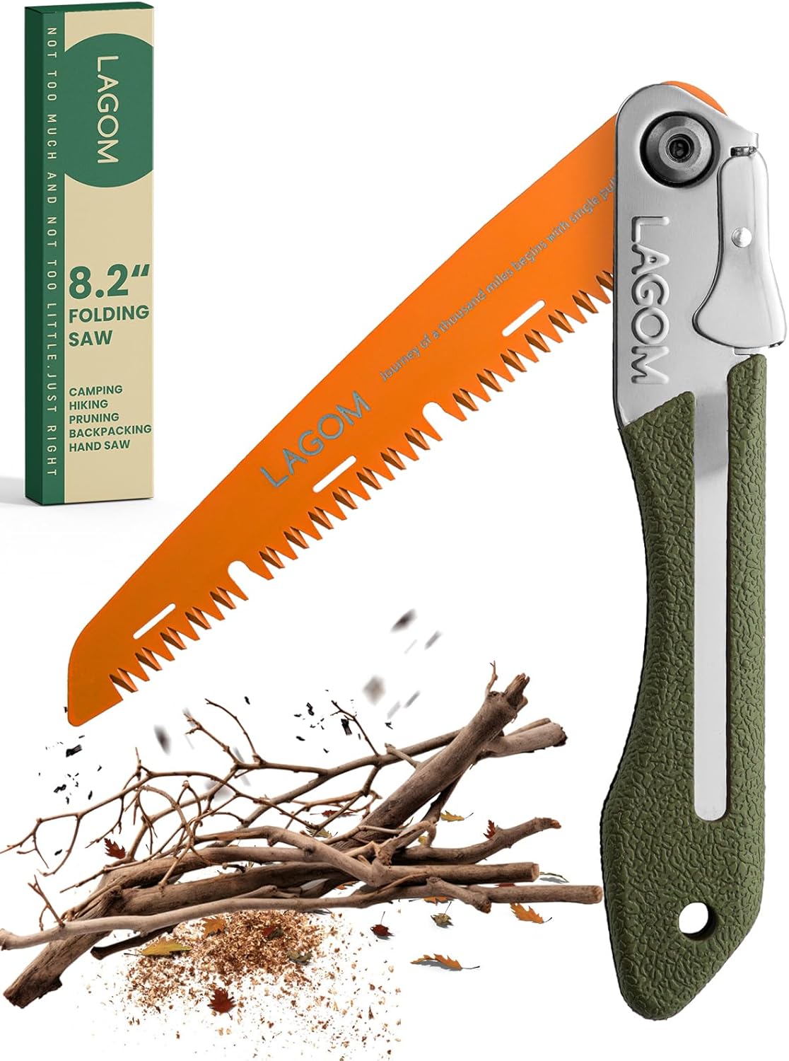 LAGOM Folding Camp Saw for Cutting Branches, 8.2" Straight Blade | SK5 Steel, Ergonomic Handle, One-Hand Use, Secure Lock | Foldable Pruning Tool for Camping, Gardening, Survival, Kayaking, Outdoors