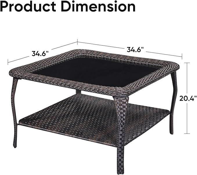 Patio Tables Outdoor Coffee Table - Wicker Rattan Coffee Tables with 2-Tier Storage Shelf Glass Top for Proch Deck Balcony Garden Squre Brown