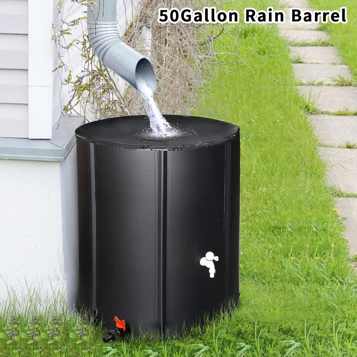 Collapsible Rain Barrel, 50 Gallon Portable Rainwater Collection System, Water Storage Tank, Rain Catcher Barrel with Two Spigots and Overflow Kit, Rain Water Barrel Collector for Garden, Black