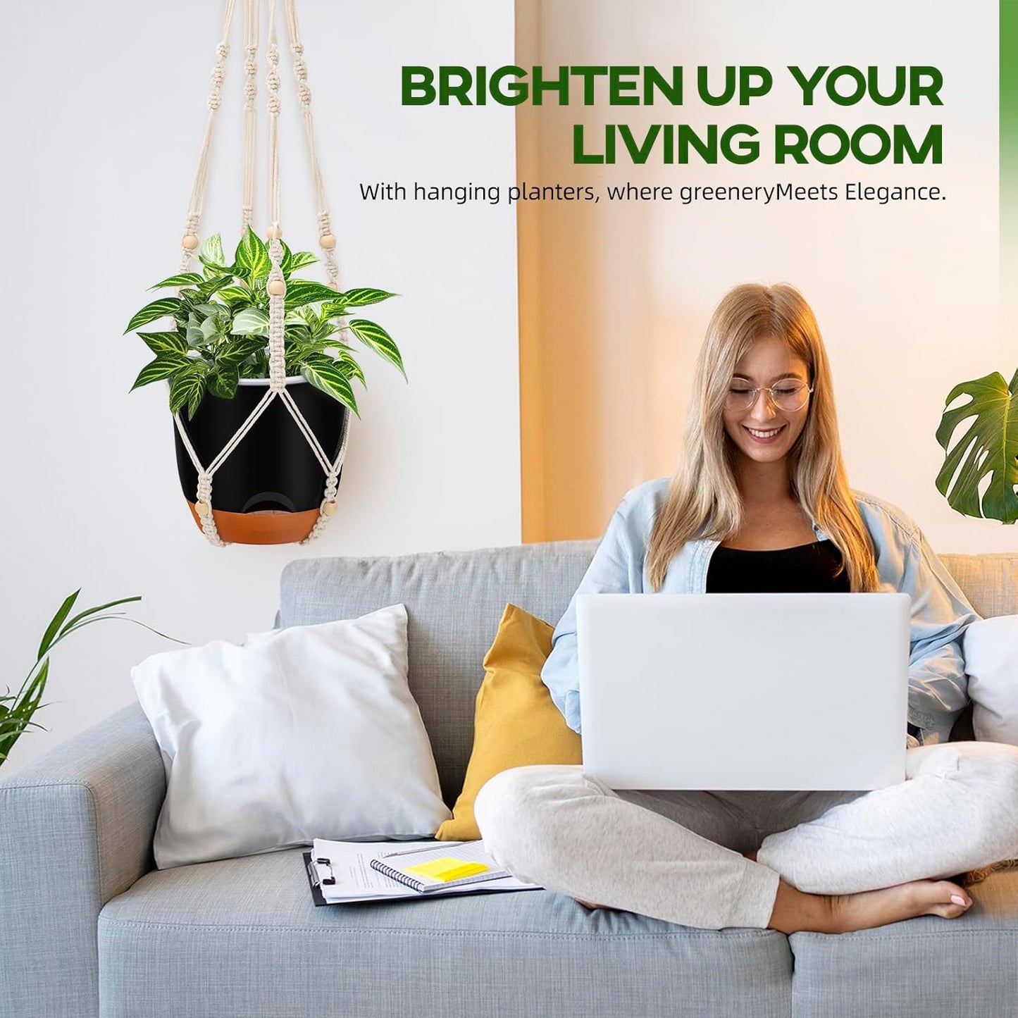 2-Pack 7.2-Inch Self-Watering Hanging Planters for Indoor & Outdoor Plants,34-Inch macrame hanger plant pots indoor with drainage,Small Hanging Planters & Baskets in Black,With two sets of hooks