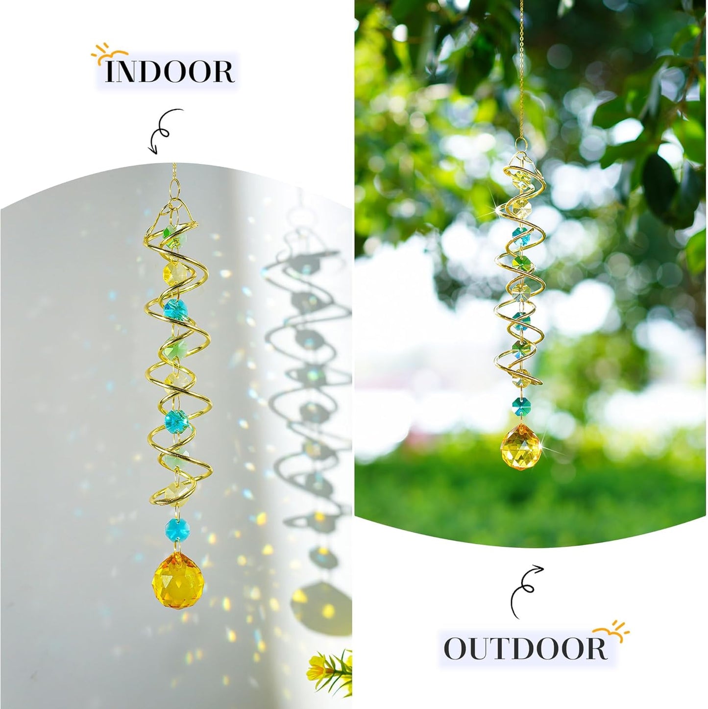 H&D HYALINE & DORA Glass Gazing Ball Spiral Tail Decorative Sun Catcher,20.5in Rainbow Maker Double-Spiral W/Yellow Crystal Ball Prism Sun Catcher for Indoor Outdoor Garden Decoration
