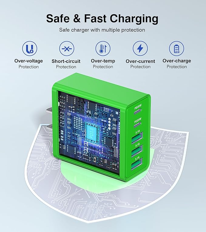 USB C Wall Charger, 50W USB C Charger Block 5-Port PD Fast Charging Blocks,USB A Multiport Plug Brick Cube,Dual Type C Power Adapter for iPhone 16/15/14/13/Pro,iPad,Samsung,for Switch（Green 2-Pack）