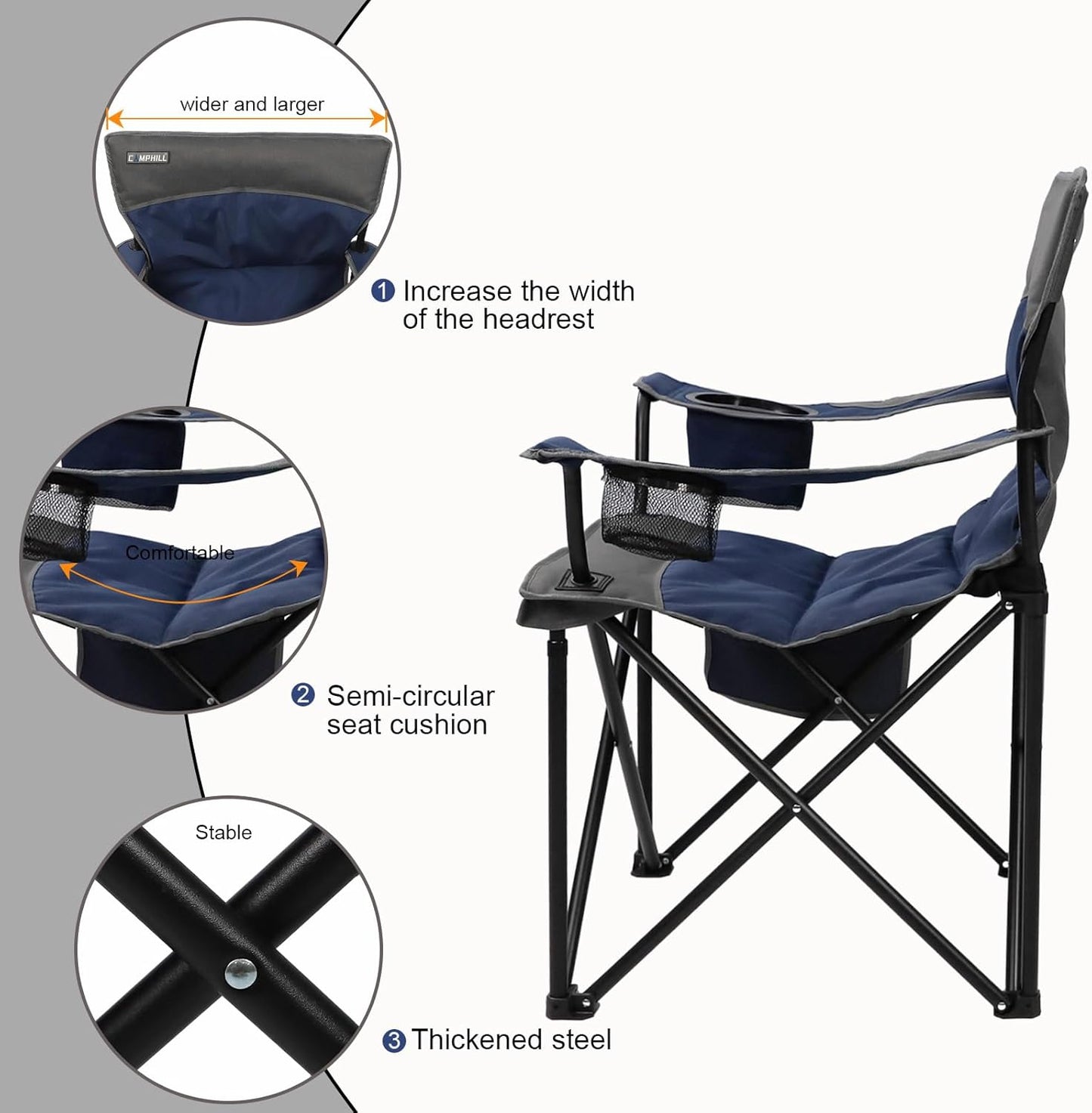 CAMPHILL Oversized Portable Camping Chairs, Collapsible Outdoor Chairs with Pocket and Cup Holders, Carry Bag for Camping,Tailgates,Beach,and Sports