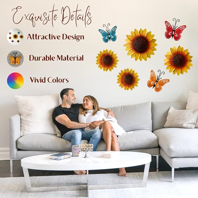 INNOBOUTIQUE Sunflower Wall Decor - Patio Sunflower Kitchen Decor Flower Wall Decor Outdoor Metal Wall Art Metal Flowers, Butterfly Decor 7 pieces