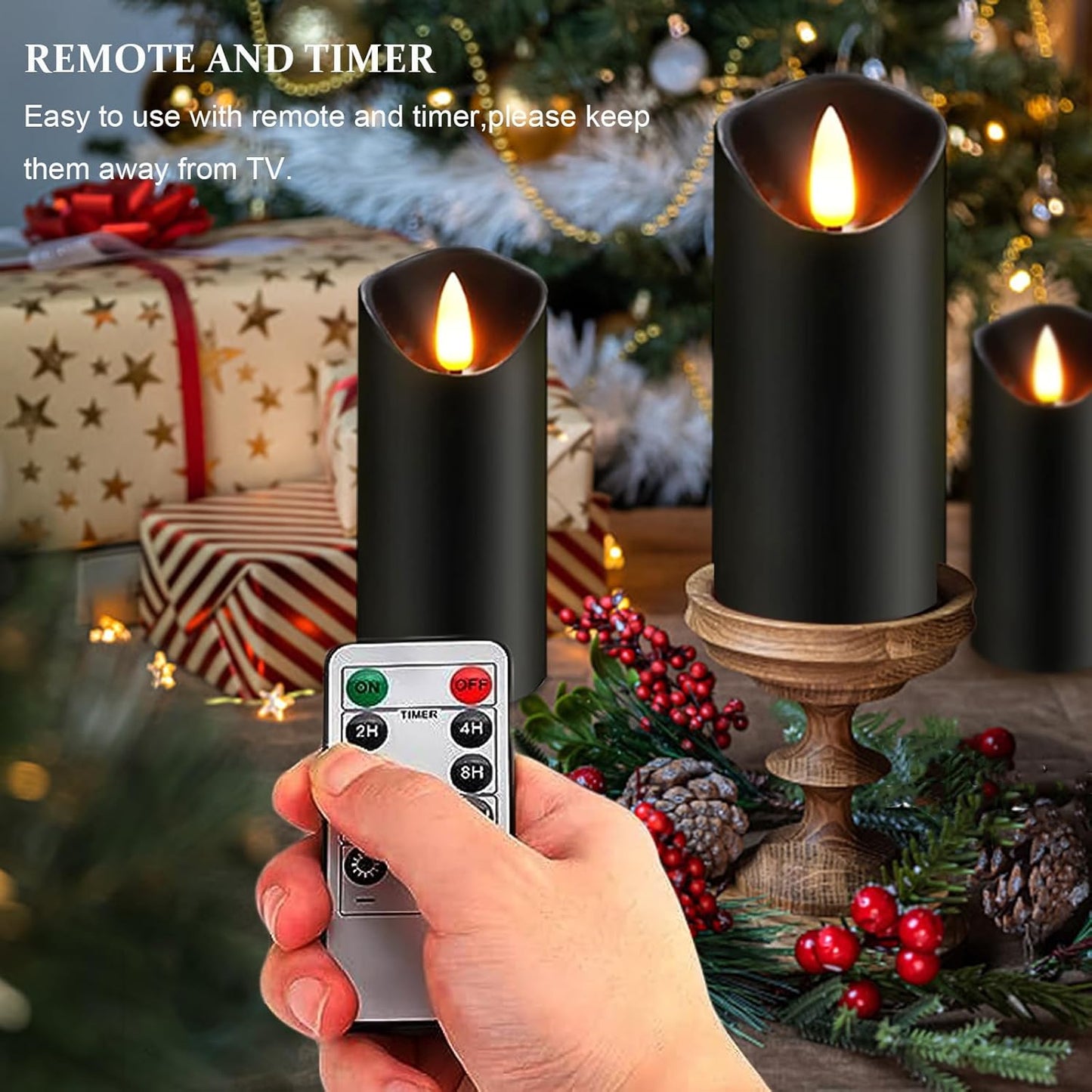Black Pillar Flameless Candles 3D Wick with Controller,led Slim Candles Flicering Flame,Battery Operated Fake Plastic Candles for Halloween Christmas,Party Décor.(5Pack H 5" 5" 6" 6" 7" x D 2.2")