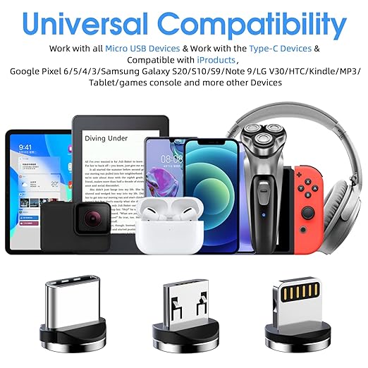 Magnetic Charging Cable, 540° Rotating Magnetic Phone Charger [6-Pack, 3ft/3ft/3ft/6ft/6ft/10ft] 3 in 1 Magnetic Charger Cable Nylon Braided Magnetic USB Cable for iProduct/Micro USB/Type C Device