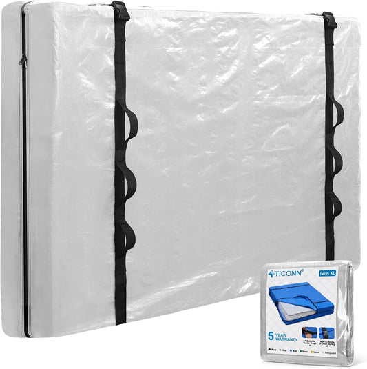 TICONN Mattress Bags for Moving, Heavy Duty Twin XL Mattress Cover Storage Bag with Full-Around Handle and Adjustable Buckles (Clear, Twin XL)