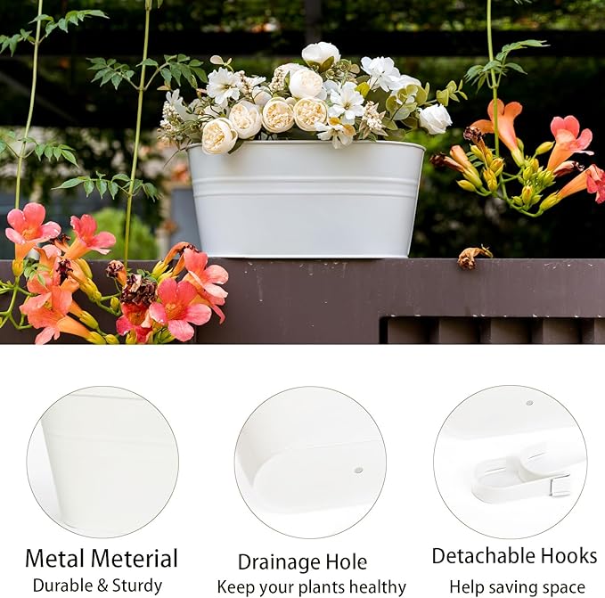 3 Pack Metal Hanging Flower Pots for Railing Fence，Outdoor Balcony Rail Planter with Detachable Hooks Drainage Holes for Deck Garden Home Decor White