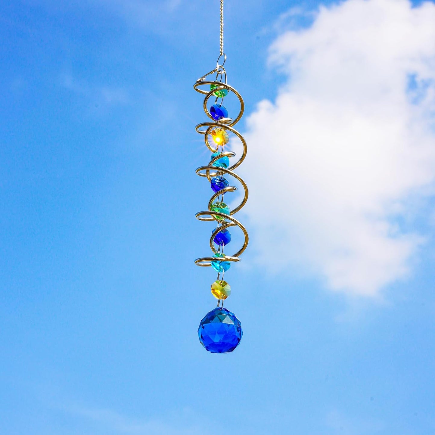 H&D HYALINE & DORA 20.5inch Gazing Ball Spiral Tail,Decorative Wind Spinner Sun Catcher,Rainbow Maker Double-Spiral W/Sea Blue Crystal Ball and Chain,Glass Crystals for Indoor Outdoor Decoration