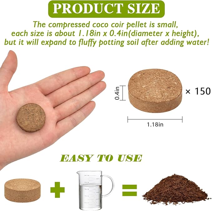 ZeeDix 150pcs(30mm) Compressed Coco Coir Fiber Potting Soil- Coir Medium, Coconut Soil for Indoors or Outdoors, Bonsai, Herbs, Plants, Flowers and Vegetables