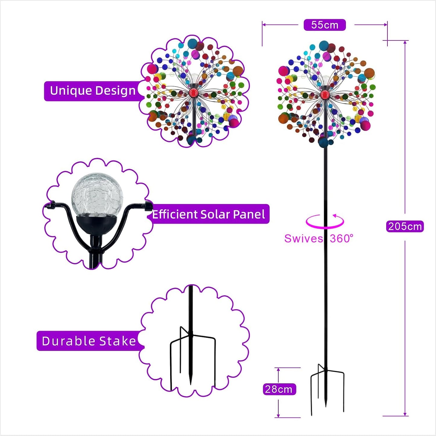 Outdoor Wind Spinner with Garden Stake 88.58" Metal Two-Way Wind Sculptures Solar Color Changing Lights Large Windmills for Garden,Patio,Yard,Lawn Decor Gifts Round