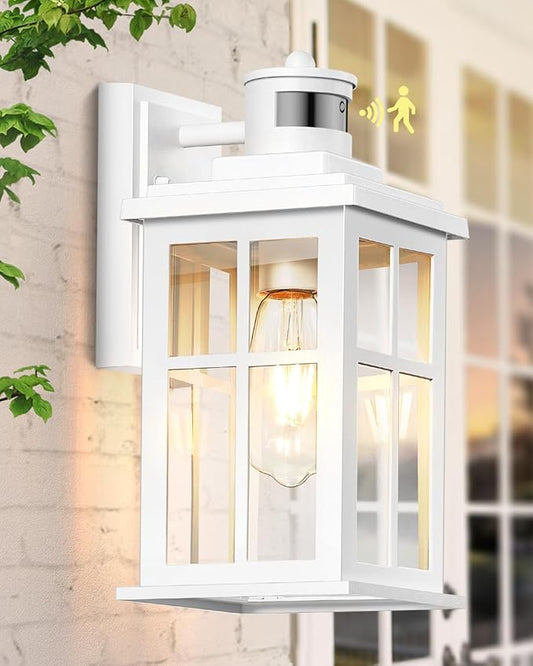 White Outdoor Wall Lights, Motion Sensor Porch Light Outdoor, Dusk to Dawn Outdoor Light Fixtures, Waterproof Outside Lights for House, Garden, Front Porch, Tempered Glass, Anti-Rust