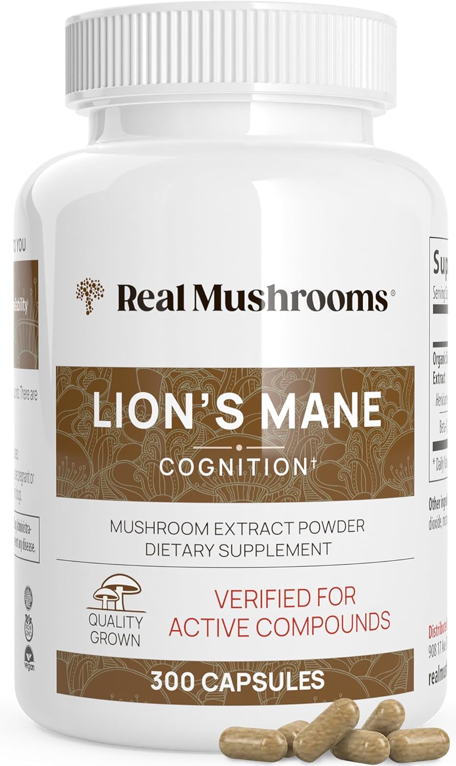 Real Mushrooms Lion’s Mane Supplement Capsules - Organic Lions Mane Extract for Overall Wellbeing - Beta Glucan Supplements – Vegan 300 ct Mushroom Extract