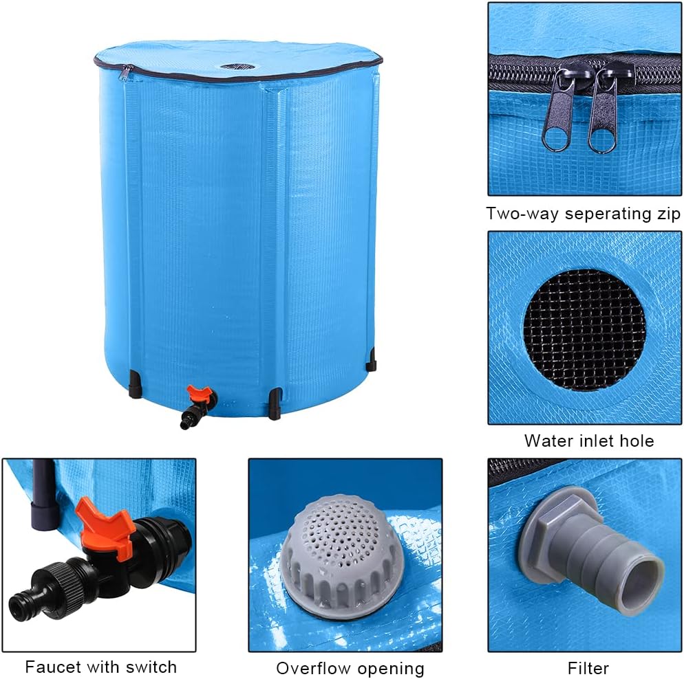 Collapsible Rain Barrel, 50 Gallon Portable Rainwater Collection System, Rain Catcher Barrel, Water Storage Tank with Spigots and Overflow Kit, Rain Water Barrel Collector for Garden, Blue