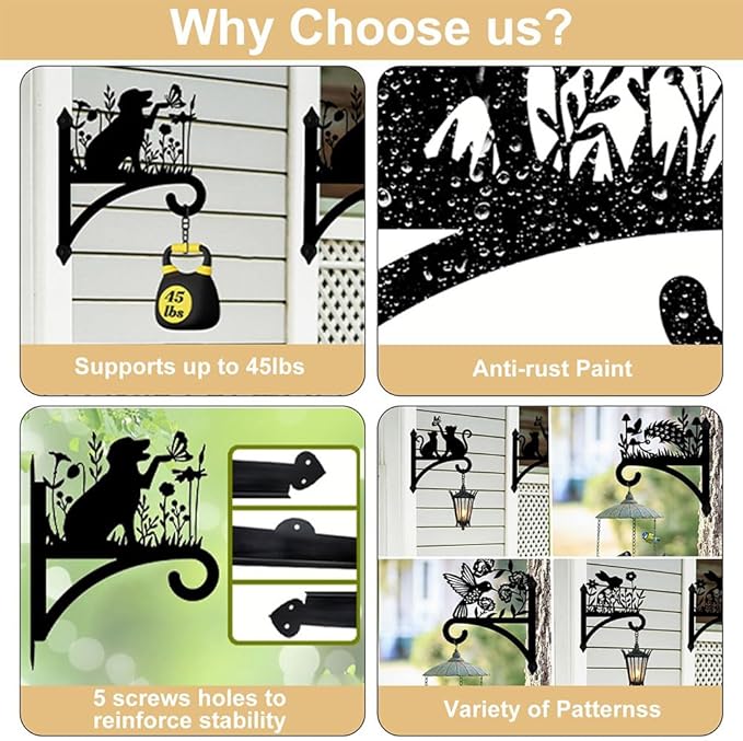 peacoblue Iron Plant Hangers Hooks for Outdoor Indoor Hanging Plants Flower Fern Pots Lantern Bird Feeder,12"x15" Weather Resistant Metal Wall Holder for Porch Garden Farmhouse(Vase and Wildflower)