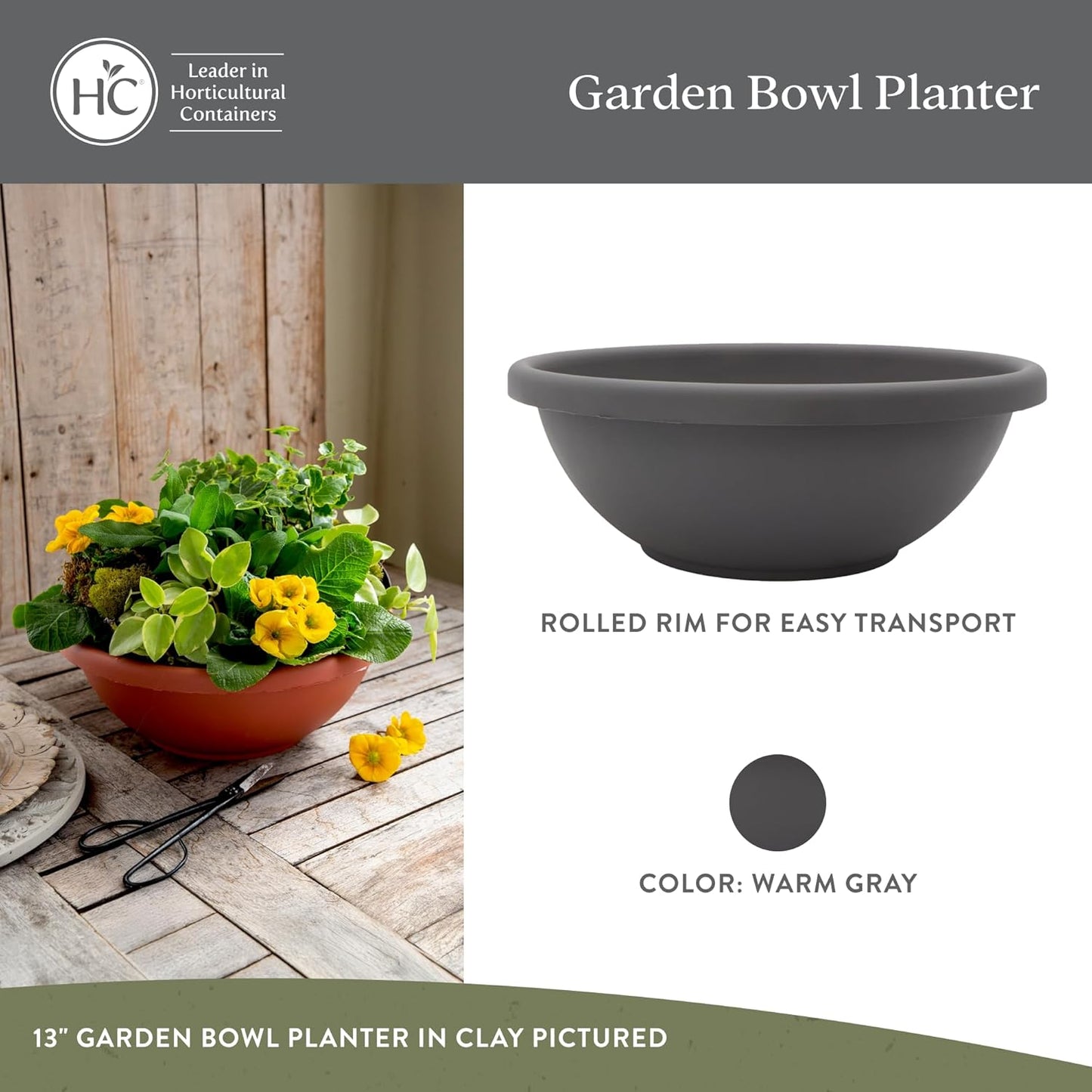 The HC Companies Shallow Planter with Drainage - Contemporary Garden Bowl Planter for Flowers, Herbs & More - Round Succulent Planter Pot for Indoors and Outdoors (20" Warm Gray, Pack of 2)