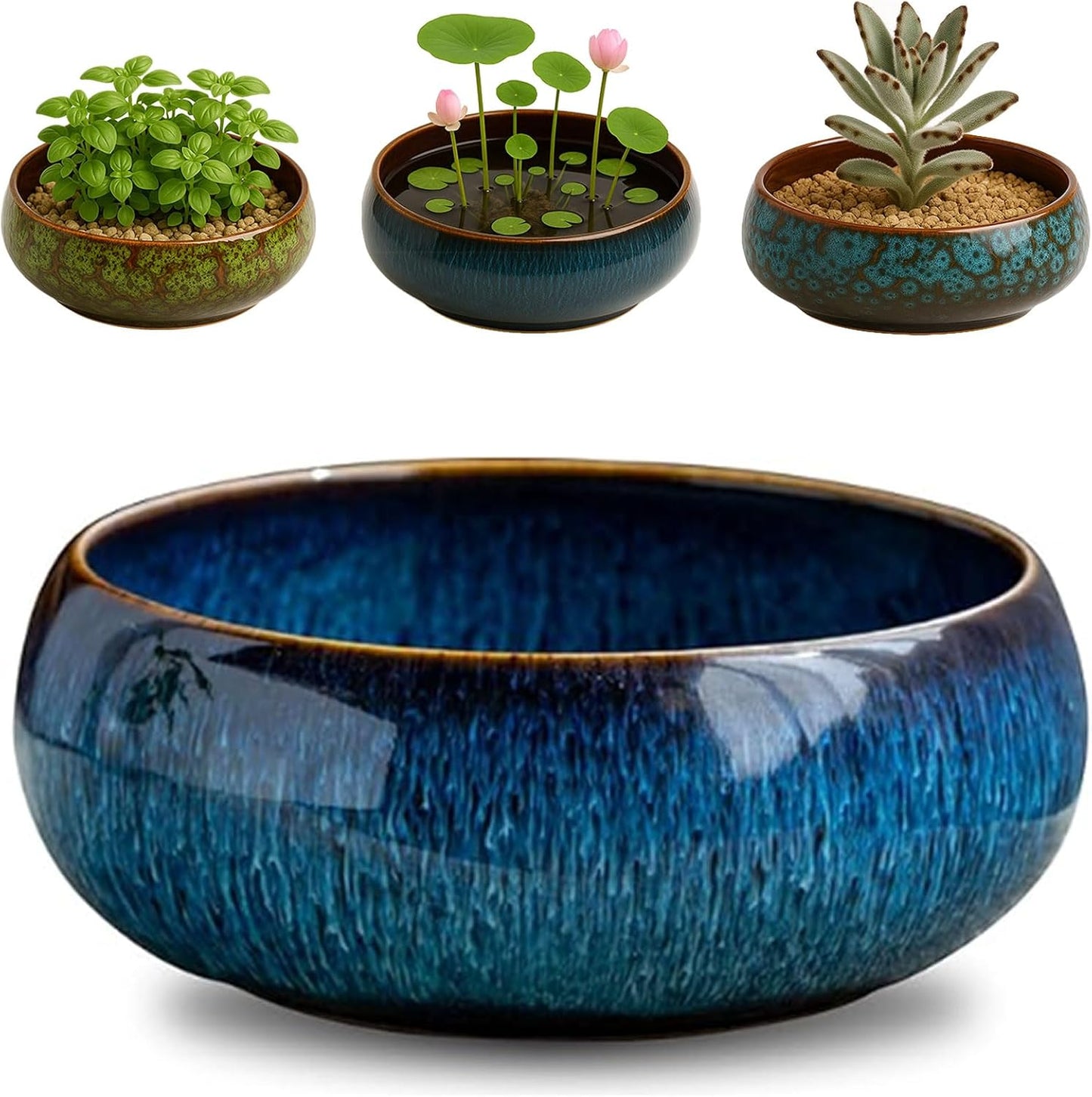 Oncpcare Lotus Bowl Planter – Ceramic Water Plant Pot Sacred Bonsai Bowl Lotus Flower, Shallow Glazed Vase for Lotus Seeds, Bonsai, Succulents, Hydroponic Plants (Blue)