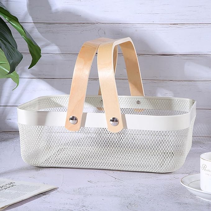 Metal Mesh Steel Basket, Storage Organizer Basket Garden Harvest Basket Multi-functional Kitchen Fruit Baskets Bin with Wooden Handle for Bathroom Picnic Shopping Decor Cabinet Home, White
