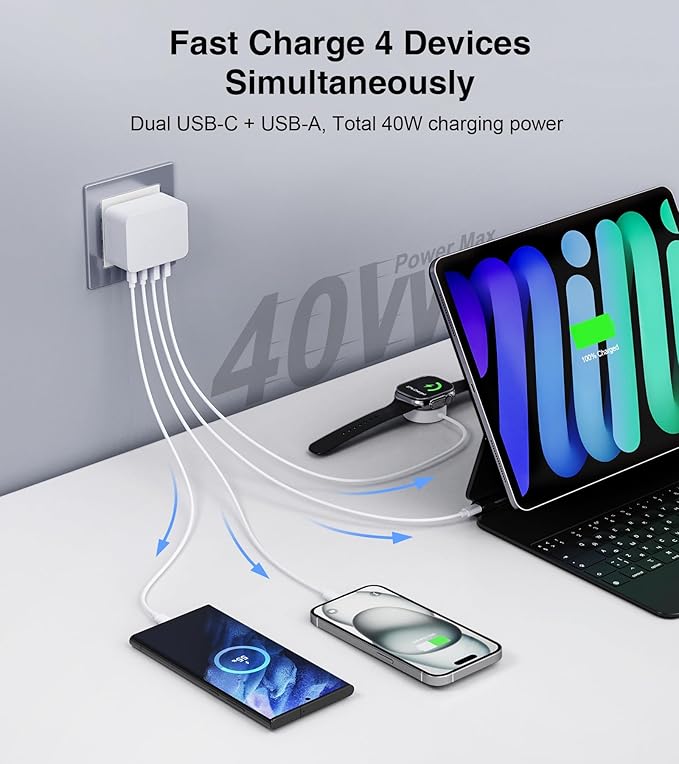 USB C Charger Block Thin Flat 40W 4-Port Wall Charger 2-Pack Type C Fast Charger Cube, PD&QC Wall Plug Power Adapter Compatible for iPhone 16/16 Pro/15/15 Pro/14/13, iPad, Airpods, iwatch, Samsung