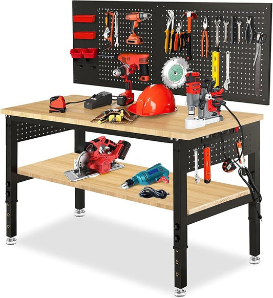 48“ Adjustable Height Workbench Work Bench for Garage Work Table with Under Table Shelf Heavy Duty Rubber Wood Top for Shop Woodworking, Office, Home, Commercial