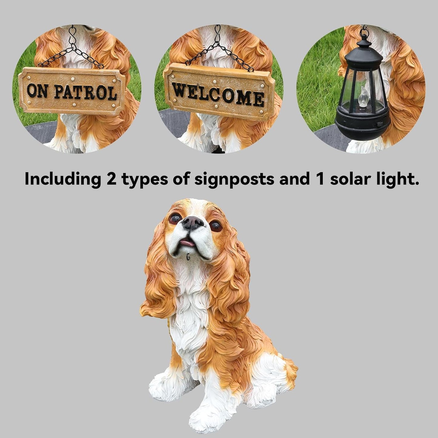 Sunny Cavalier King Charles Spaniel Solar Welcome Dog Statue, Hand-Painted Sitting Resin Puppy Figurine with Dual Signs and Lantern for Garden, Patio, and Front Porch Décor
