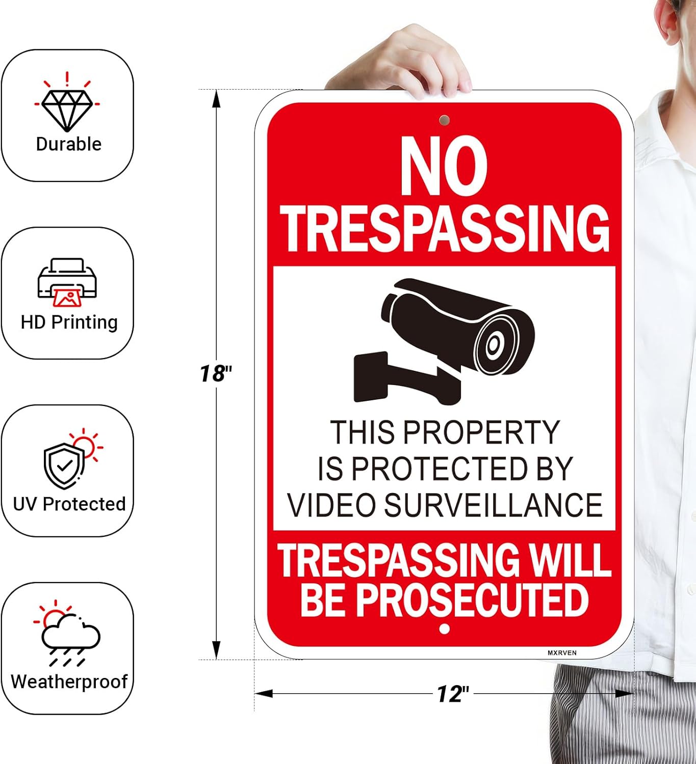 (4 Pack) Large No Trespassing Sign, Video Surveillance Signs, 18"x12" Reflective Aluminum Private Property Signs for House and Business, Violators Will Be Prosecuted, Weather Resistant, Weatherproof