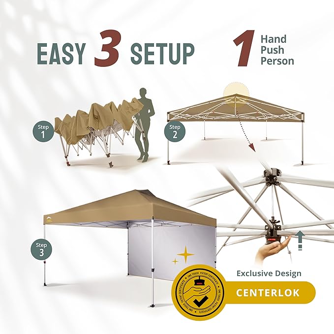 CROWN SHADES 12x12 Pop Up Canopy Tent Instant Commercial with 150D Silver Coated Fabric Including 1 Removable Sidewall, 4 Ropes, 8 Stakes, Weight Bags, STO 'N Go Bag, Beige