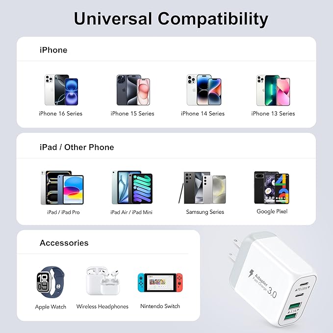 [2-Pack] 40W USB C Wall Plug, 4 Port Fast Charging Block PD 3.0 Multi Port Type C Adapter Cube for iPhone 16/15/14/13/12/Pro Max Plus/XR/SE,iPad/Pro/Mini/Air,AirPods4,watch10,Galaxy