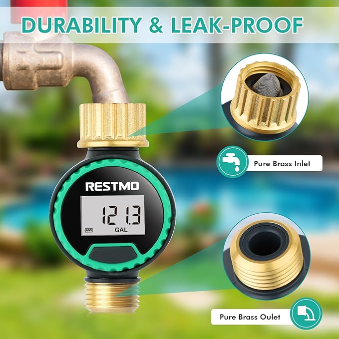 [2 Pack] RESTMO Water Flow Meter, 360° Rotatable Control Panel and Brass Inlet & Outlet, Measure Gallon/Liter Consumption and Flow Rate, for Garden Hose Nozzle Watering, RV Water Tank Filling