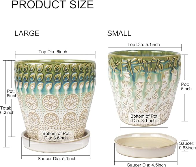 6 Inch + 5 Inch Ceramic Planter with Drainage Hole and Saucer for Plants, Indoor-Outdoor Round Succulent Orchid Garden Flower Pot - Set of 2