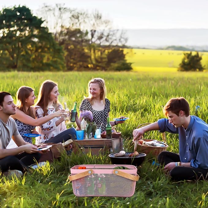 Portable Mesh Harvest Basket - Natural Bamboo Handle Foldable Organizer for Kitchen, Garden & Picnic | Ventilated Storage Bin with Rust-Proof Wire, Space-Saving Farmhouse Decor (Pink)