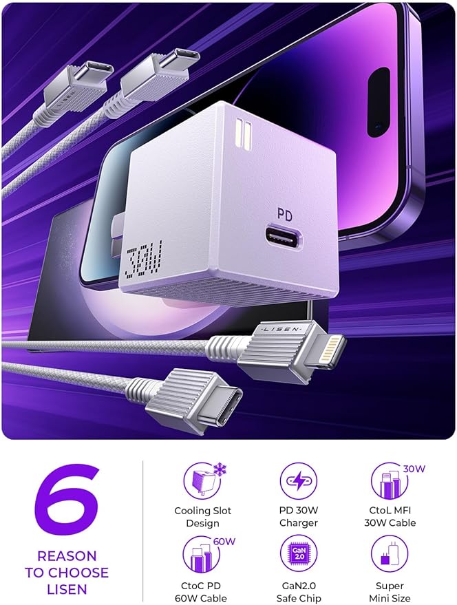 USB C Wall Charger Block, 30W GaN PD Fast Charger, USB-C Charger Adapter with USB C to Lighting for iPhone 14/13/12 Pro Max and USB C to USB C Cable for iPad Pro