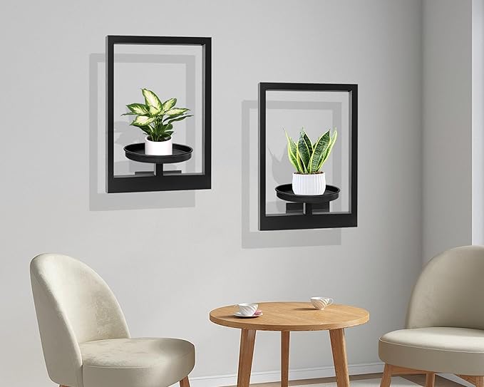 Picture Frame Plant Holder, Wall Mount Plants shelf Indoor Outdoor, Metal Hanging Planters Stand Decor, Window Planter Hanger Shelves, Modern Floating Ornament Rack Art for Home & Garden((Black 2pc))