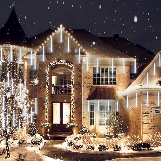 2-Pack Meteor Shower Christmas Lights Outdoor Decorations, Extendable Tree Lights Waterproof 16 Tubes 384 LEDs Falling Rain for Holiday Outside Decor Yard House Xmas Tree (Cool White)