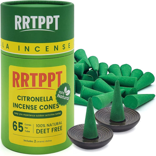 Citronella Incense Cones with 2 Ceramic Dishes | Made with Plant-Based Ingredients | Citronella Oil | Lemongrass Oil | Rosemary Oil | Suitable for Indoor and Outdoor Use (65 Cones)