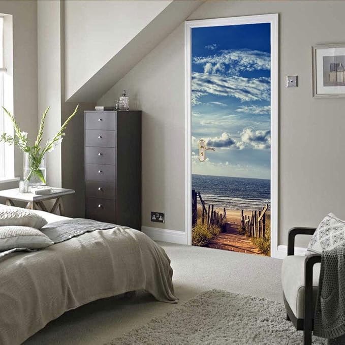 3D Door Wallpaper Self-Adhesive Door Poster - Road to The Beach - Door Film Photo Wallpaper Premium PVC Waterproof Door Sticker Wall Sticker for Bedroom Living Room Door Decoration Stickers 95 x 200