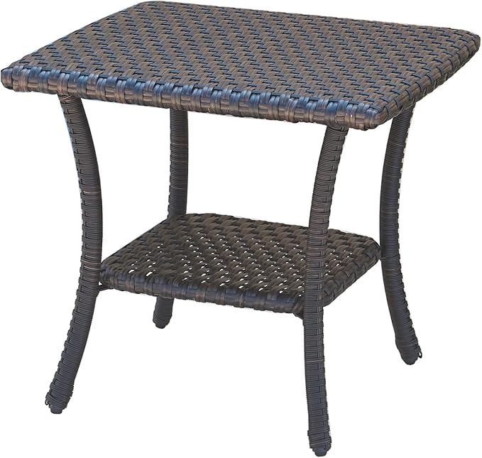 Patio Tables Outdoor Coffee Table - Wicker Rattan Side Tables with 2-Tier Storage Shelf End Table for Porch Deck Balcony Garden Outside Square Brown