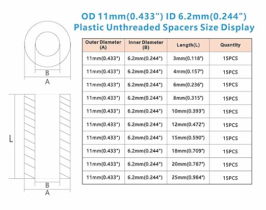 OD 11mm(0.433") ID 6.2mm(0.244") Plastic Unthreaded Spacers Assortment;Wall Plate spacers for M6 Screws;Clearance Spacers;Round Spacers;3mm to 25 mm Lengths(Black)